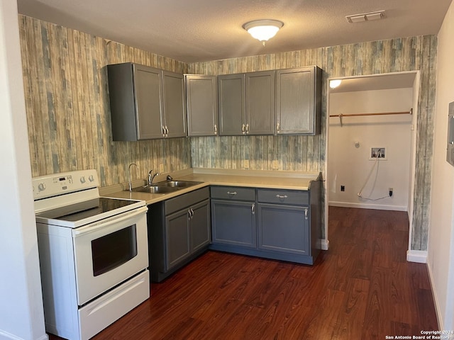 kitchen with sink, dark wood-type flooring, white electric stove, a textured ceiling, and gray cabinets