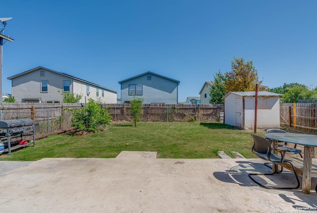 view of yard with a patio and a storage unit