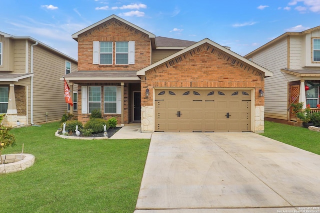 view of front of property featuring a garage, brick siding, concrete driveway, roof with shingles, and a front yard