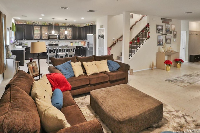 tiled living room with sink