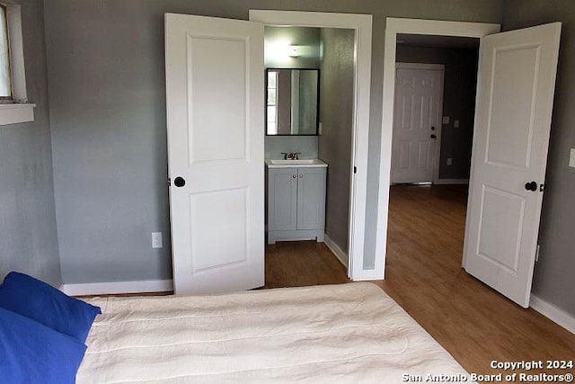 bedroom with ensuite bath, sink, and wood-type flooring