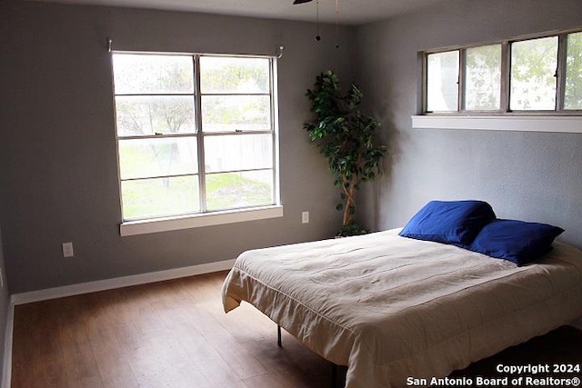 bedroom featuring multiple windows, ceiling fan, and hardwood / wood-style floors