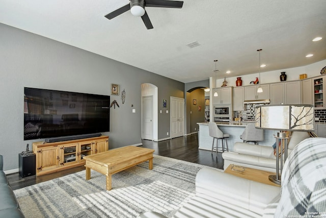 living room with dark hardwood / wood-style floors, ceiling fan, and a textured ceiling