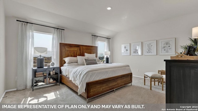 carpeted bedroom featuring vaulted ceiling