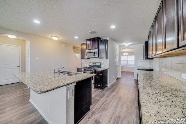 kitchen featuring sink, stainless steel appliances, tasteful backsplash, light stone counters, and a kitchen island with sink