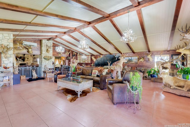 living room with tile patterned floors, vaulted ceiling with beams, and a notable chandelier