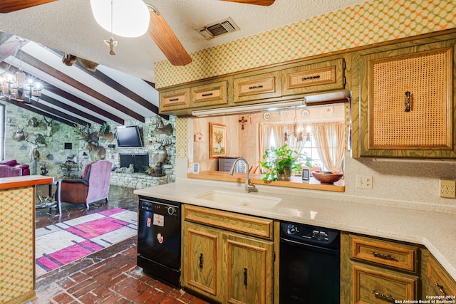 kitchen with pendant lighting, sink, vaulted ceiling, a textured ceiling, and black dishwasher