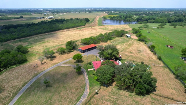 aerial view featuring a rural view and a water view