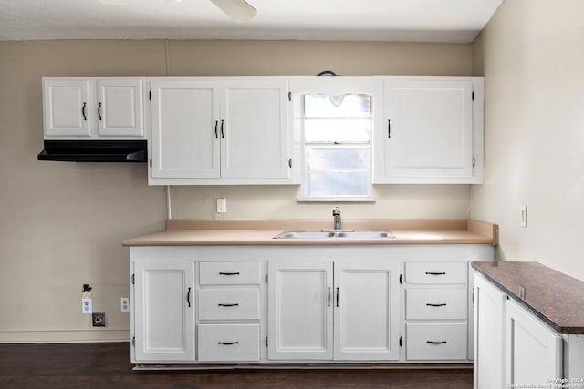 kitchen with white cabinets, dark hardwood / wood-style floors, and sink