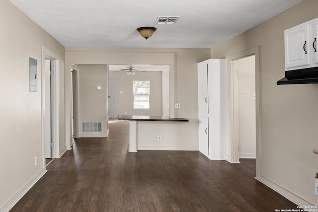 kitchen featuring dark hardwood / wood-style floors, ceiling fan, white cabinetry, and a textured ceiling