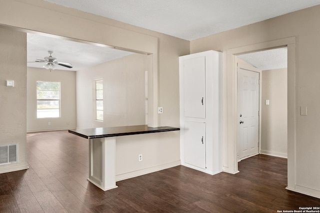 kitchen featuring kitchen peninsula, a textured ceiling, dark hardwood / wood-style floors, and ceiling fan