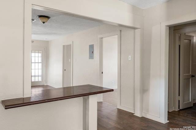 kitchen with a textured ceiling, butcher block counters, and dark hardwood / wood-style floors