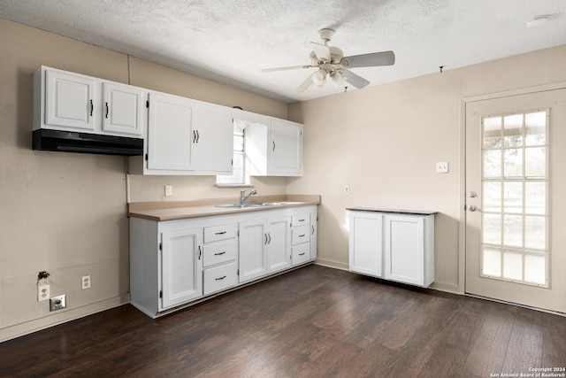 kitchen with a textured ceiling, ceiling fan, dark wood-type flooring, sink, and white cabinetry