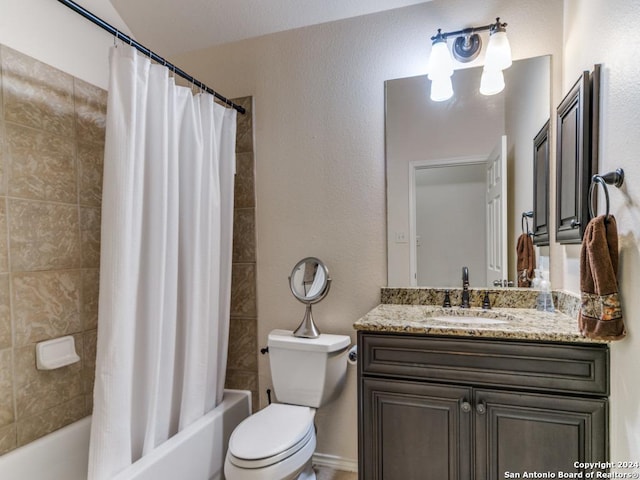 full bathroom with shower / bath combo, vanity, and toilet