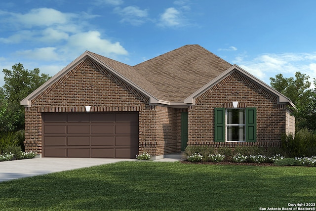 view of front of home featuring a garage and a front lawn