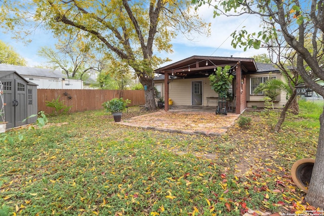 view of yard featuring a patio area and a storage shed