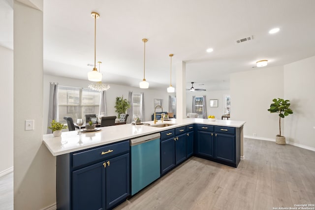 kitchen with dishwasher, blue cabinets, sink, light hardwood / wood-style flooring, and decorative light fixtures