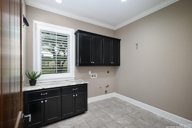 laundry area with electric dryer hookup, cabinets, hookup for a gas dryer, washer hookup, and ornamental molding