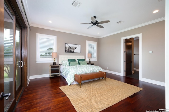 bedroom featuring ceiling fan, dark hardwood / wood-style flooring, and ornamental molding