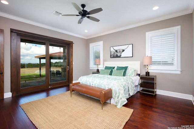 bedroom with ceiling fan, ornamental molding, dark wood-type flooring, and access to outside