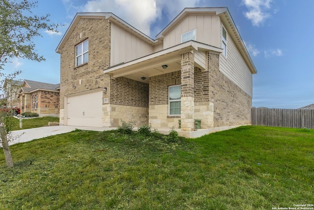 view of property exterior featuring a yard and a garage