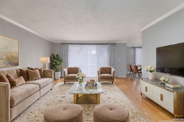 living room with light wood-type flooring and crown molding