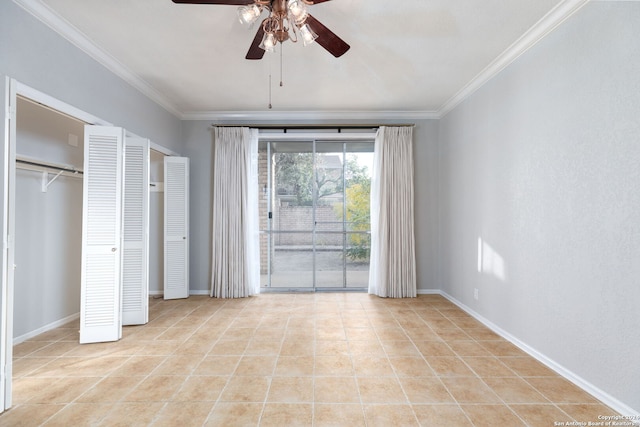 unfurnished bedroom featuring multiple closets, ceiling fan, crown molding, and light tile patterned flooring