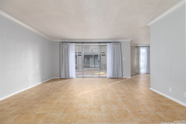 unfurnished living room featuring a textured ceiling, crown molding, and light tile patterned flooring