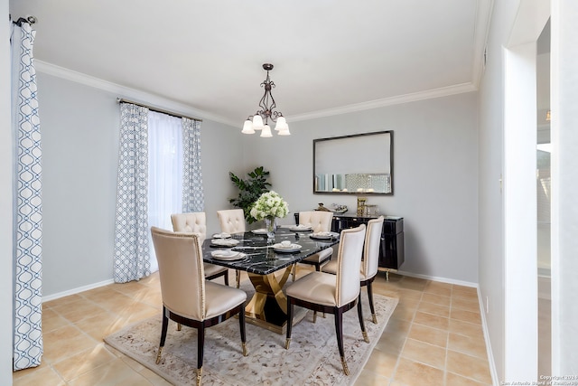 dining room with light tile patterned flooring, crown molding, and an inviting chandelier