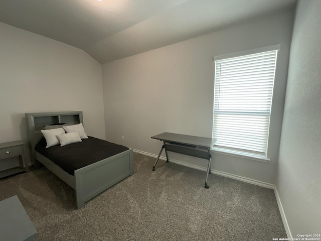 bedroom with dark carpet and vaulted ceiling