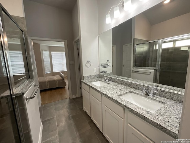 bathroom with vanity, a healthy amount of sunlight, a shower with shower door, and hardwood / wood-style flooring