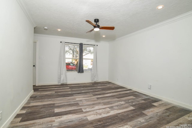 unfurnished room featuring a textured ceiling, ceiling fan, crown molding, and dark wood-type flooring