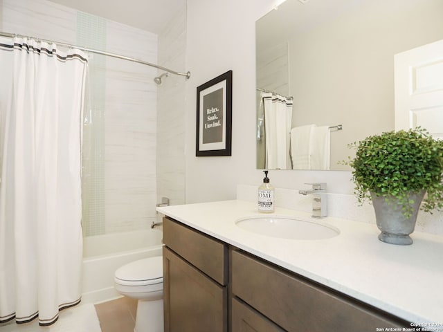 full bathroom with tile patterned flooring, vanity, toilet, and shower / tub combo with curtain