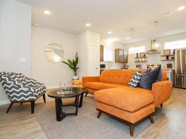 living room featuring a healthy amount of sunlight, light wood-type flooring, and sink