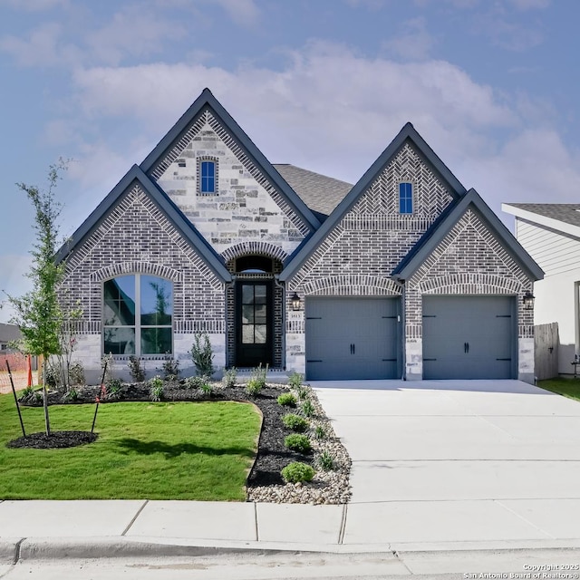 french country inspired facade featuring concrete driveway, brick siding, an attached garage, and a front lawn