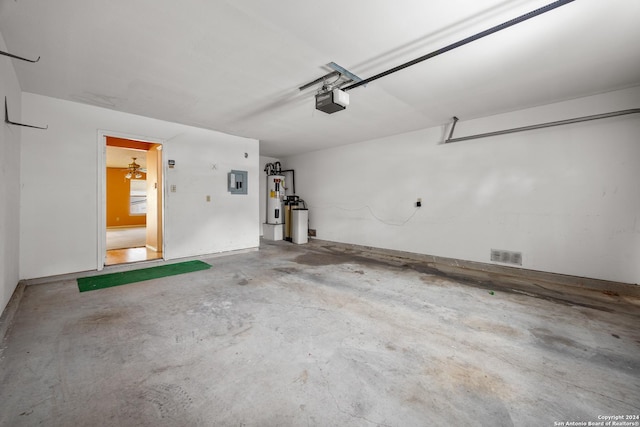 garage with electric panel, electric water heater, and a garage door opener