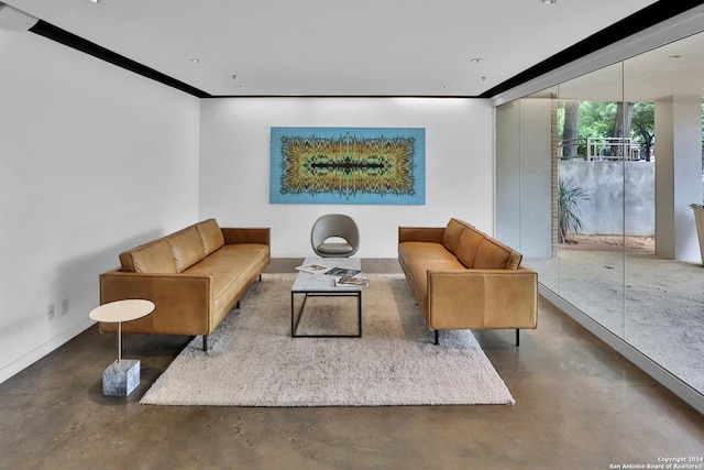 living room with concrete floors