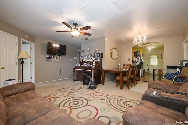 living room featuring light colored carpet and an inviting chandelier