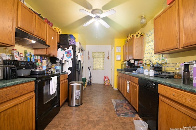 kitchen featuring ceiling fan and black appliances