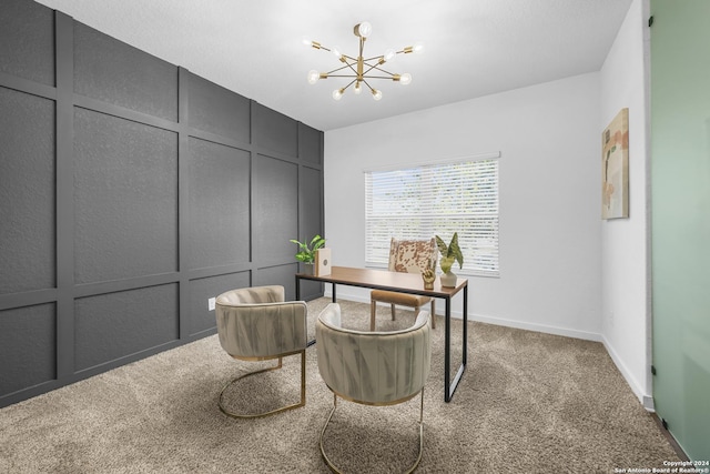 carpeted office space featuring a notable chandelier