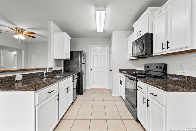 kitchen featuring sink, white cabinetry, ceiling fan, and black appliances