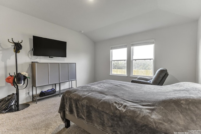 carpeted bedroom featuring vaulted ceiling