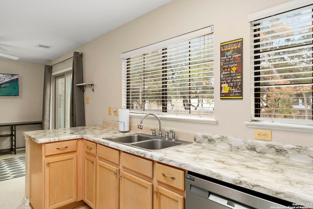 kitchen with stainless steel dishwasher, kitchen peninsula, sink, and a wealth of natural light