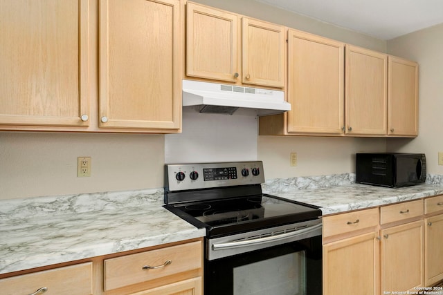 kitchen featuring stainless steel electric stove and light brown cabinets