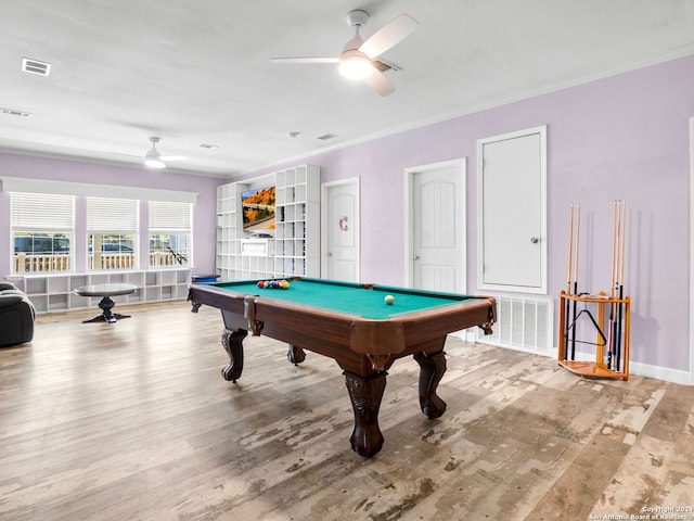 game room with ceiling fan, wood-type flooring, and pool table