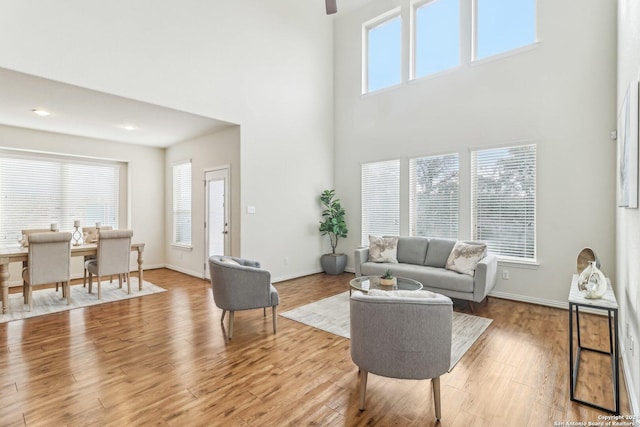 living room with light wood-type flooring and a high ceiling