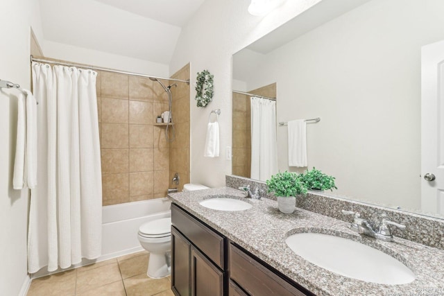 full bathroom featuring vanity, shower / bathtub combination with curtain, tile patterned flooring, toilet, and lofted ceiling