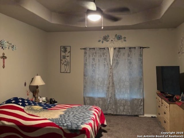 carpeted bedroom with a tray ceiling and ceiling fan