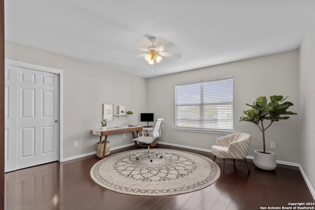 office with dark hardwood / wood-style floors and ceiling fan