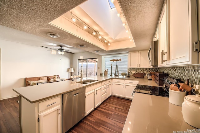 kitchen featuring kitchen peninsula, a textured ceiling, a tray ceiling, white cabinetry, and stainless steel appliances